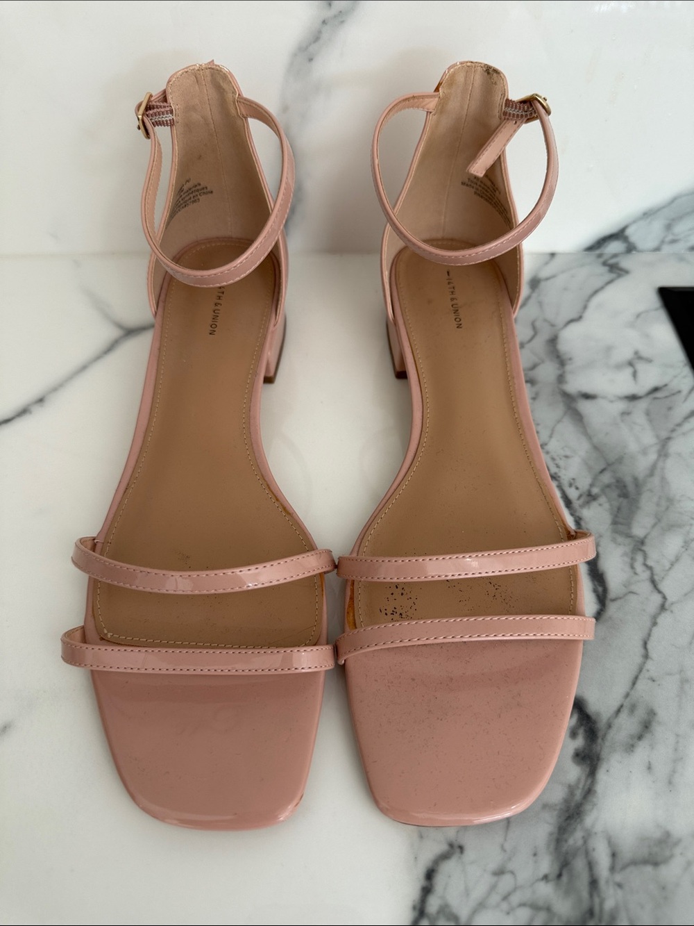 Blush Pink Strappy Low Block Heel Sandals Ankle Strap Size 10